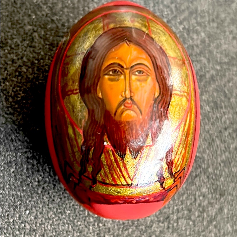 Vintage Eastern Orthodox Russian Wooden Icon Egg Of Jesus Christ Red/Gold
